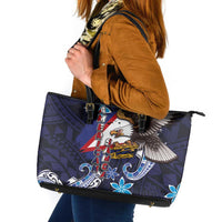 American Samoa Flag Day Leather Tote Bag Bald Eagle with Uatogi and Fue - Polynesian and Floral Tribal Tattoo LT03 Navy - Polynesian Pride