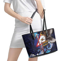 American Samoa Flag Day Leather Tote Bag Bald Eagle with Uatogi and Fue - Polynesian and Floral Tribal Tattoo LT03 - Polynesian Pride