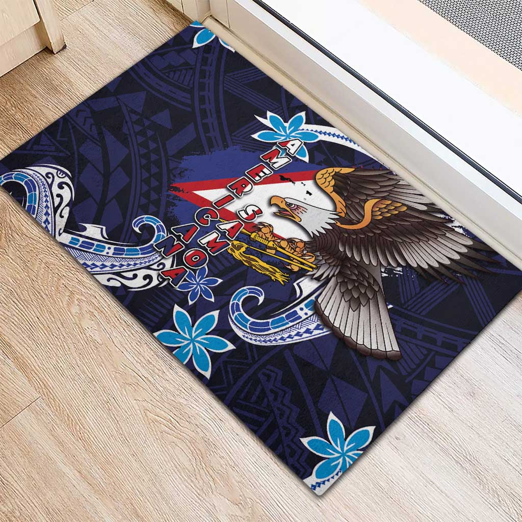 American Samoa Flag Day Rubber Doormat Bald Eagle with Uatogi and Fue - Polynesian and Floral Tribal Tattoo LT03 - Polynesian Pride