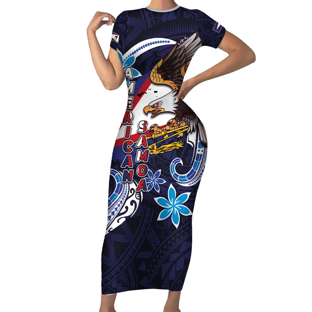 American Samoa Flag Day Short Sleeve Bodycon Dress Bald Eagle with Uatogi and Fue - Polynesian and Floral Tribal Tattoo