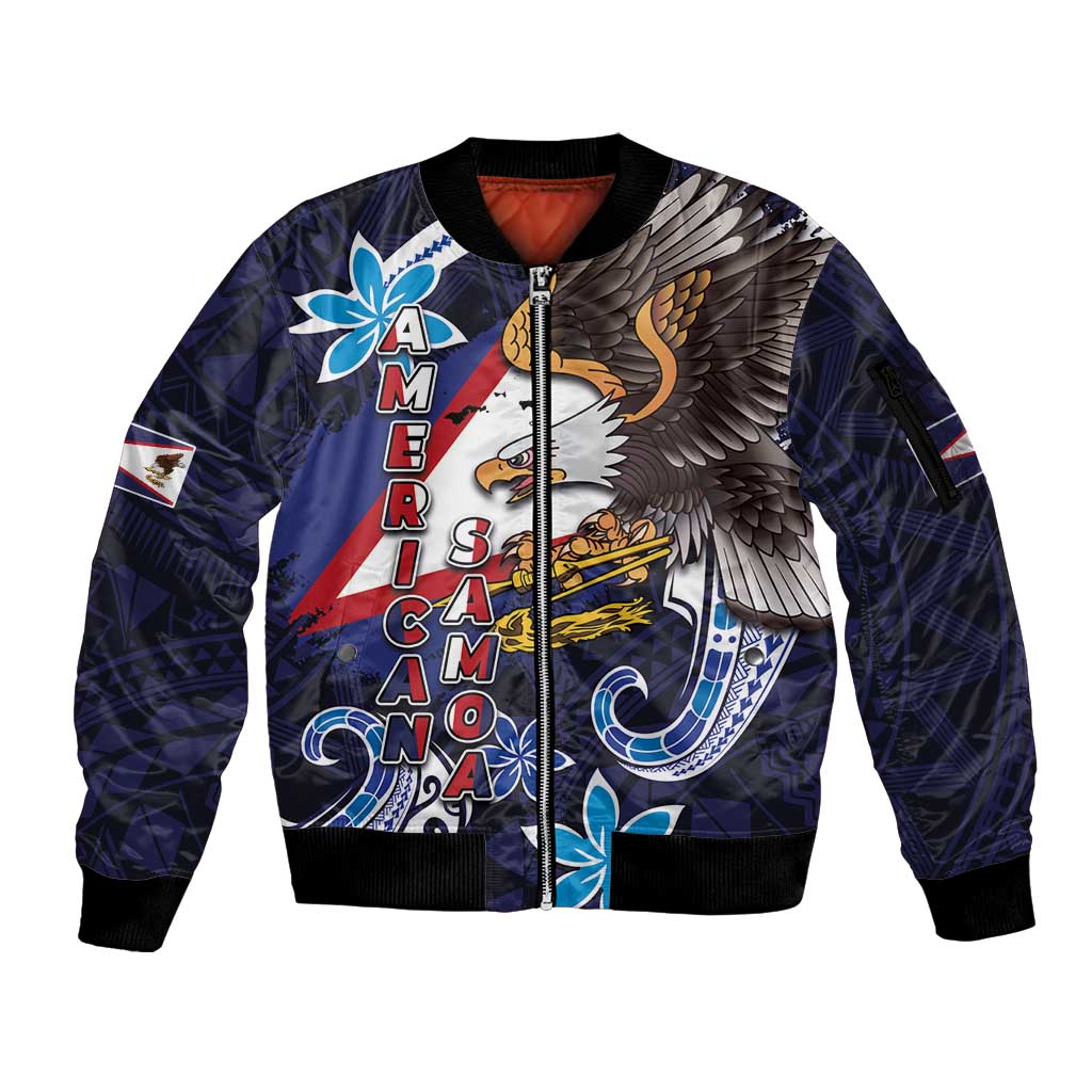 American Samoa Flag Day Sleeve Zip Bomber Jacket Bald Eagle with Uatogi and Fue - Polynesian and Floral Tribal Tattoo