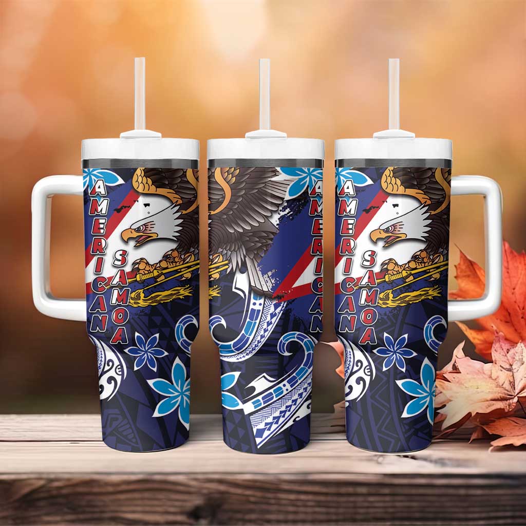 American Samoa Flag Day Tumbler With Handle Bald Eagle with Uatogi and Fue - Polynesian and Floral Tribal Tattoo LT03 - Polynesian Pride