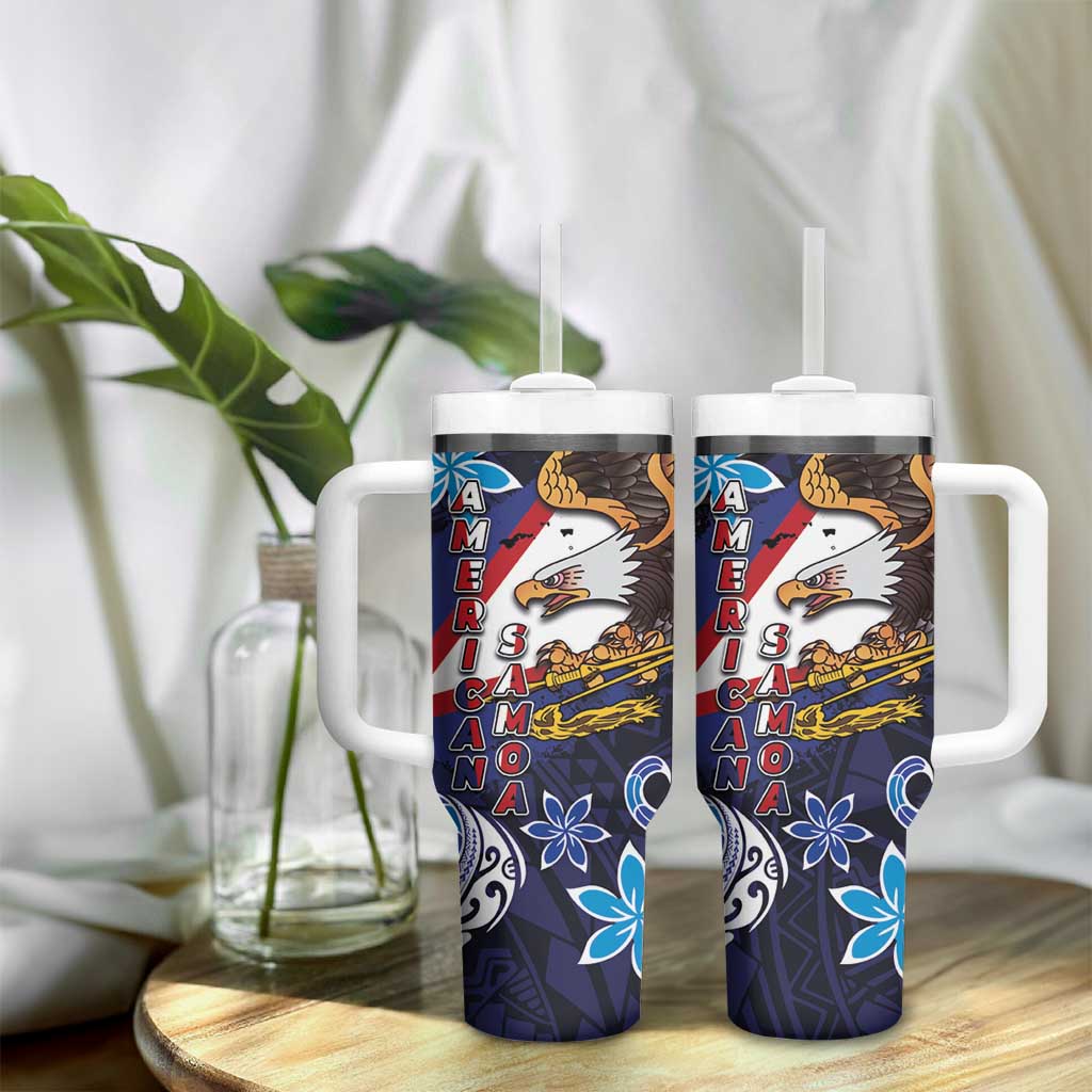 American Samoa Flag Day Tumbler With Handle Bald Eagle with Uatogi and Fue - Polynesian and Floral Tribal Tattoo LT03 - Polynesian Pride