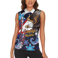 American Samoa Flag Day Women Sleeveless Polo Shirt Bald Eagle with Uatogi and Fue - Polynesian and Floral Tribal Tattoo