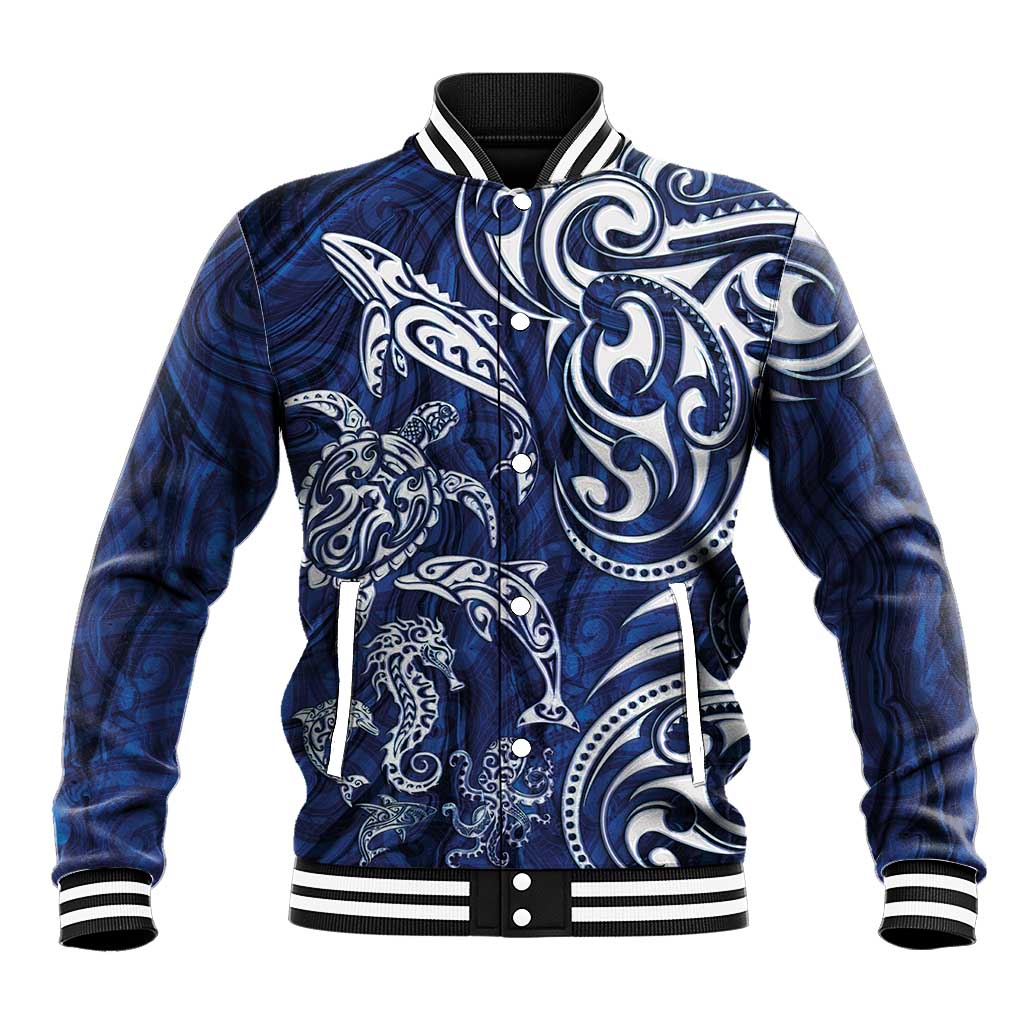 New Zealand Connecting with Seas Baseball Jacket Maori Tribal and Sea Animals Tattoo - White Glass Style