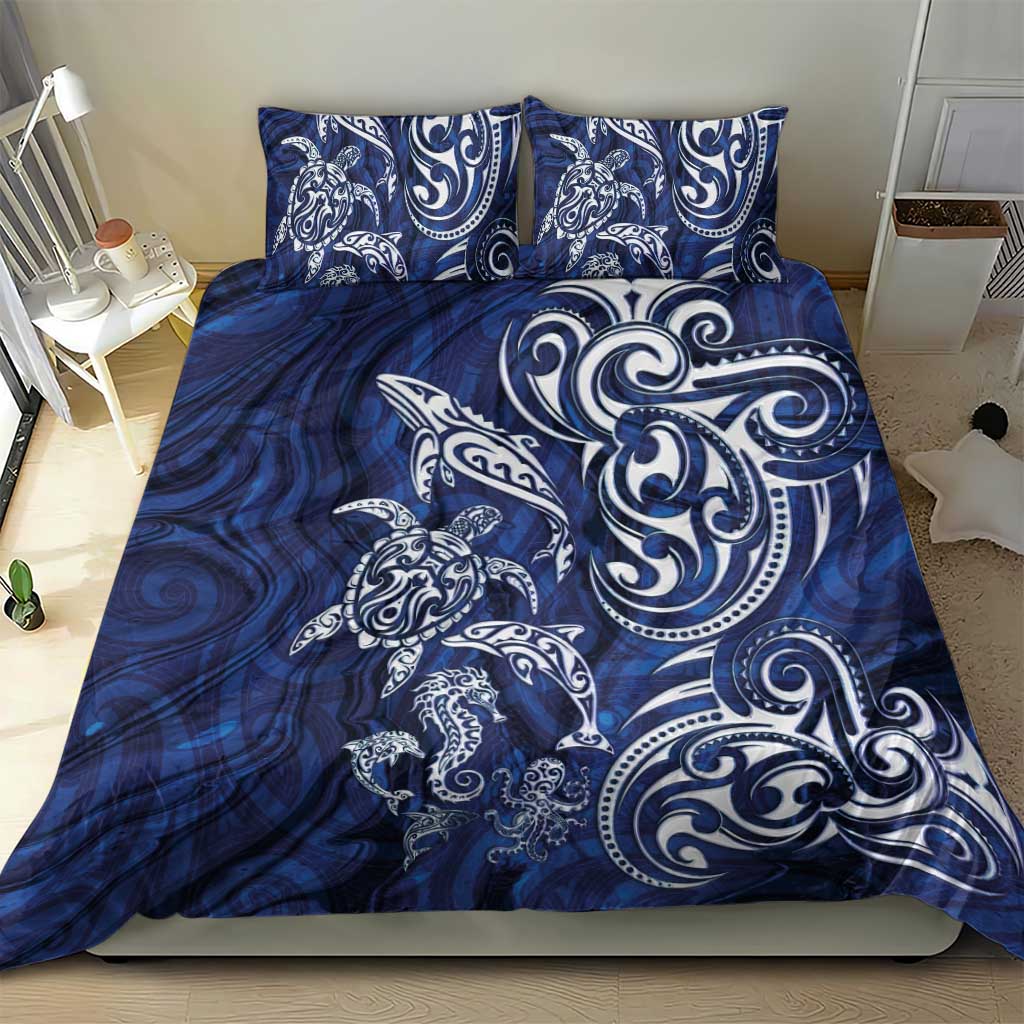 New Zealand Connecting with Seas Bedding Set Maori Tribal and Sea Animals Tattoo - White Glass Style