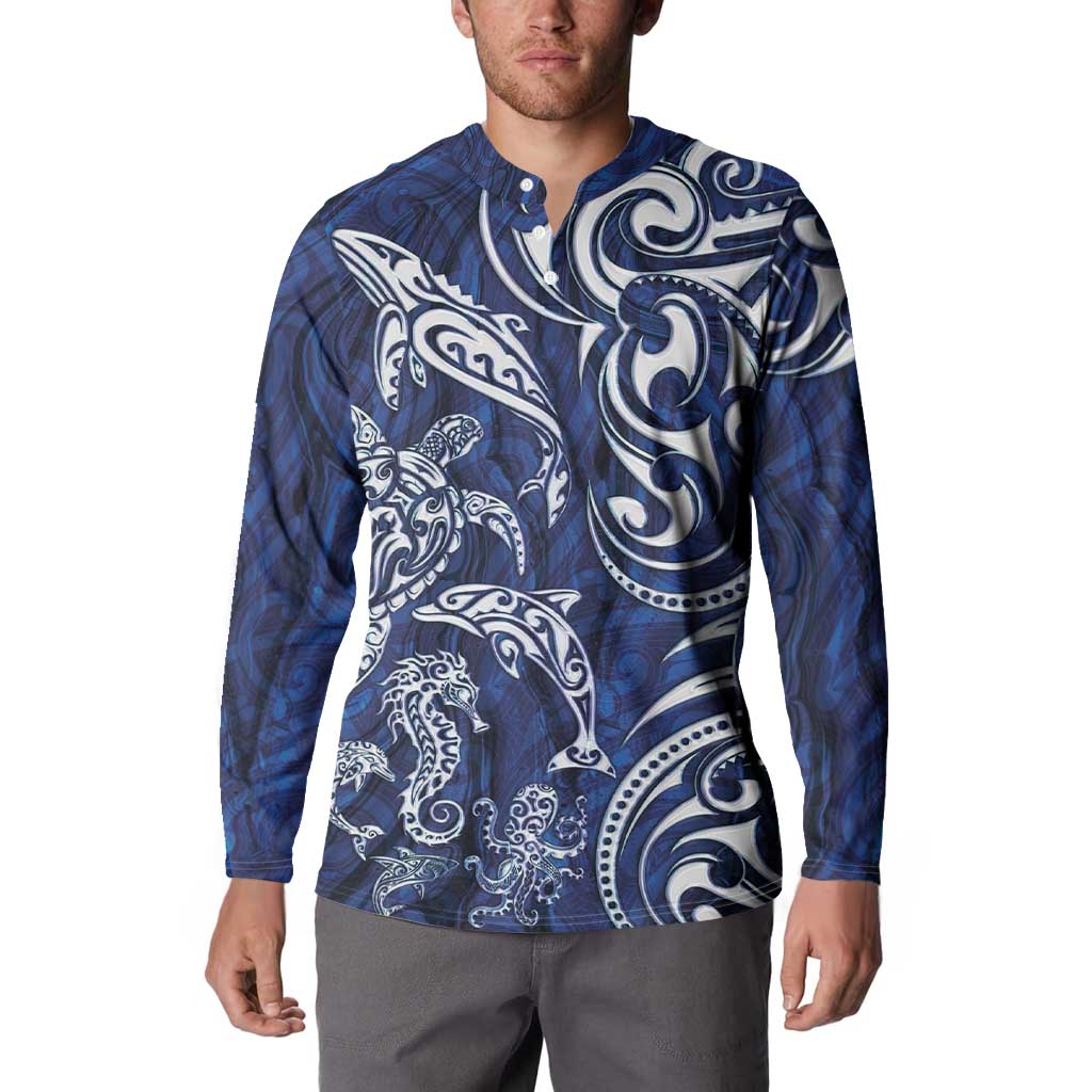 New Zealand Connecting with Seas Button Sweatshirt Maori Tribal and Sea Animals Tattoo - White Glass Style LT03 - Polynesian Pride
