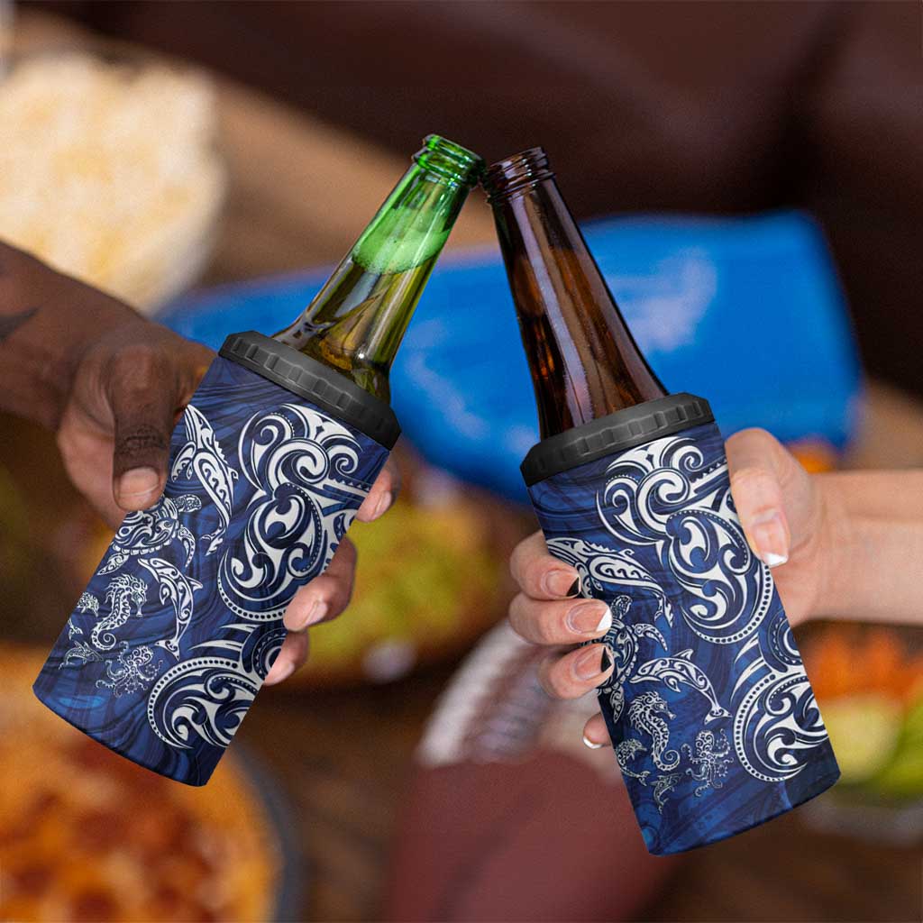 New Zealand Connecting with Seas 4 in 1 Can Cooler Tumbler Maori Tribal and Sea Animals Tattoo - White Glass Style LT03 - Polynesian Pride