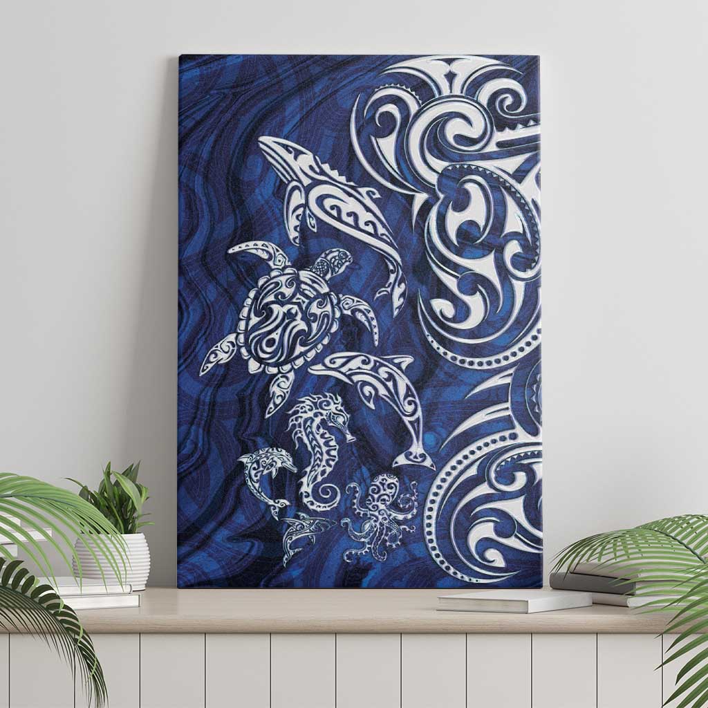 New Zealand Connecting with Seas Canvas Wall Art Maori Tribal and Sea Animals Tattoo - White Glass Style