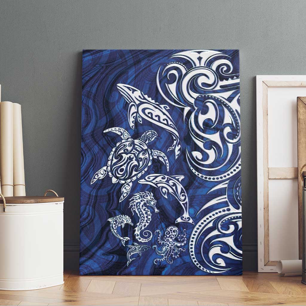 New Zealand Connecting with Seas Canvas Wall Art Maori Tribal and Sea Animals Tattoo - White Glass Style