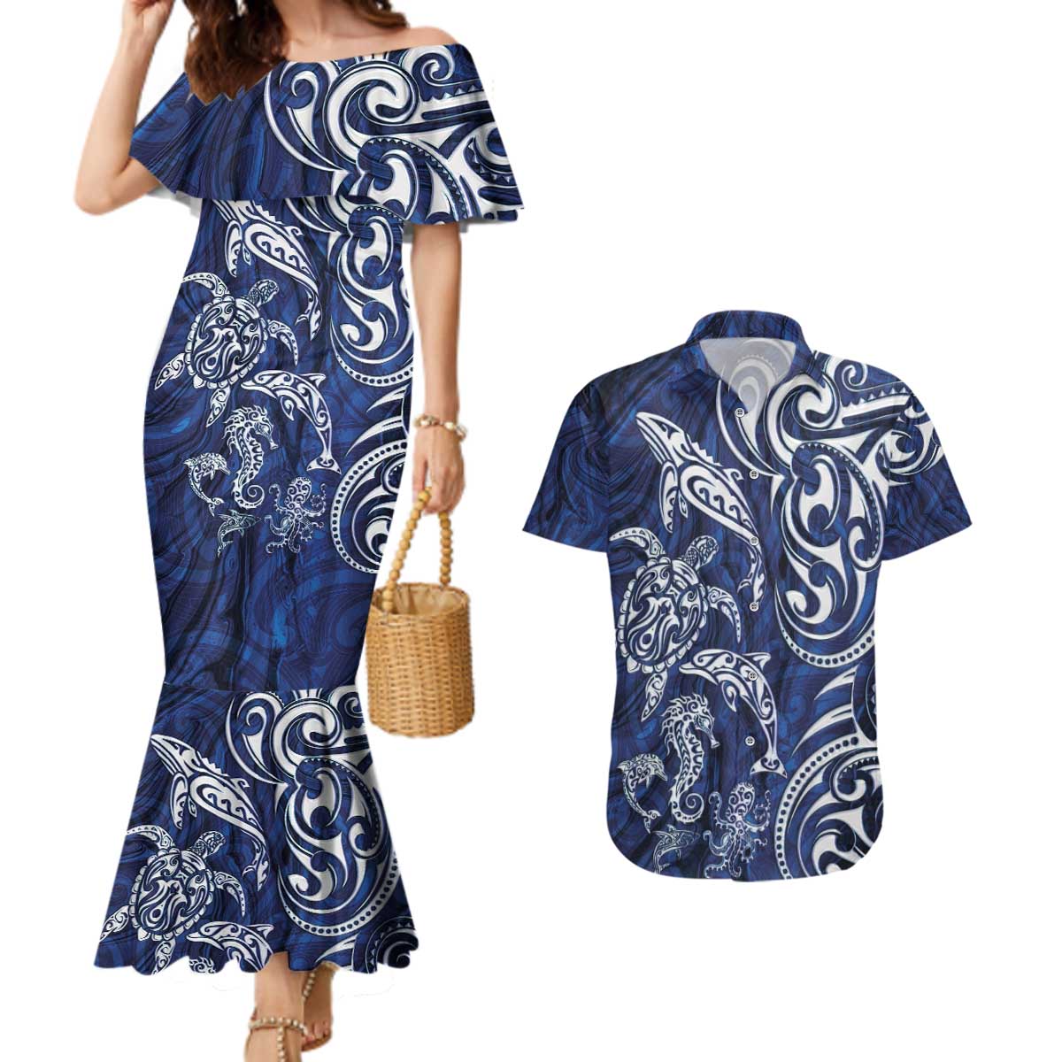 New Zealand Connecting with Seas Couples Matching Mermaid Dress and Hawaiian Shirt Maori Tribal and Sea Animals Tattoo - White Glass Style LT03 Navy - Polynesian Pride