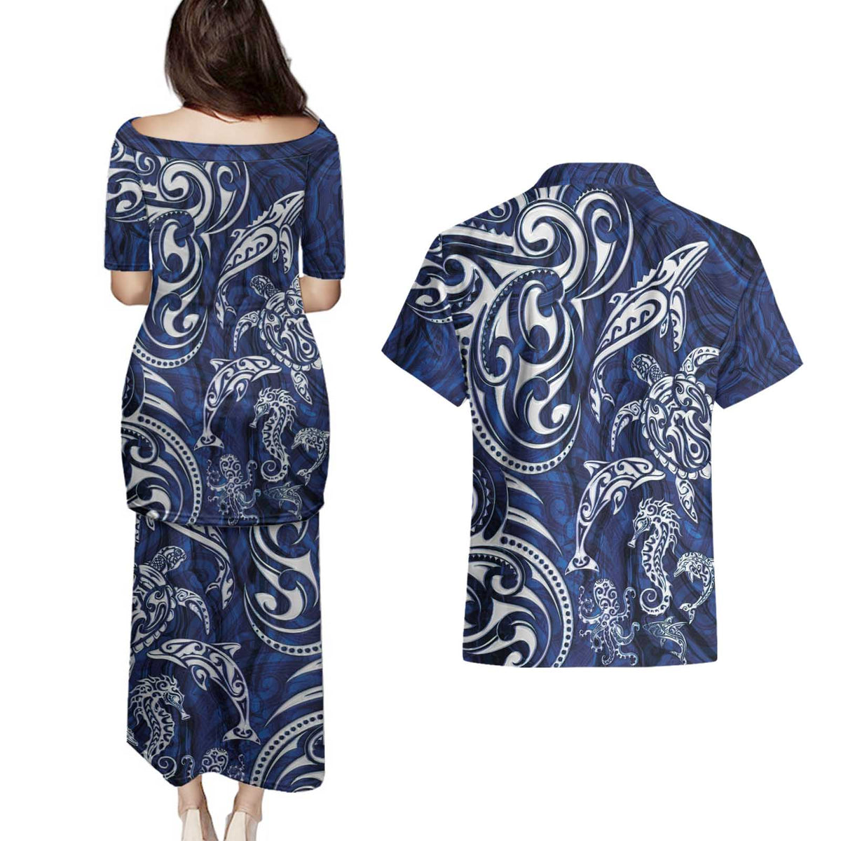New Zealand Connecting with Seas Couples Matching Puletasi and Hawaiian Shirt Maori Tribal and Sea Animals Tattoo - White Glass Style LT03 - Polynesian Pride