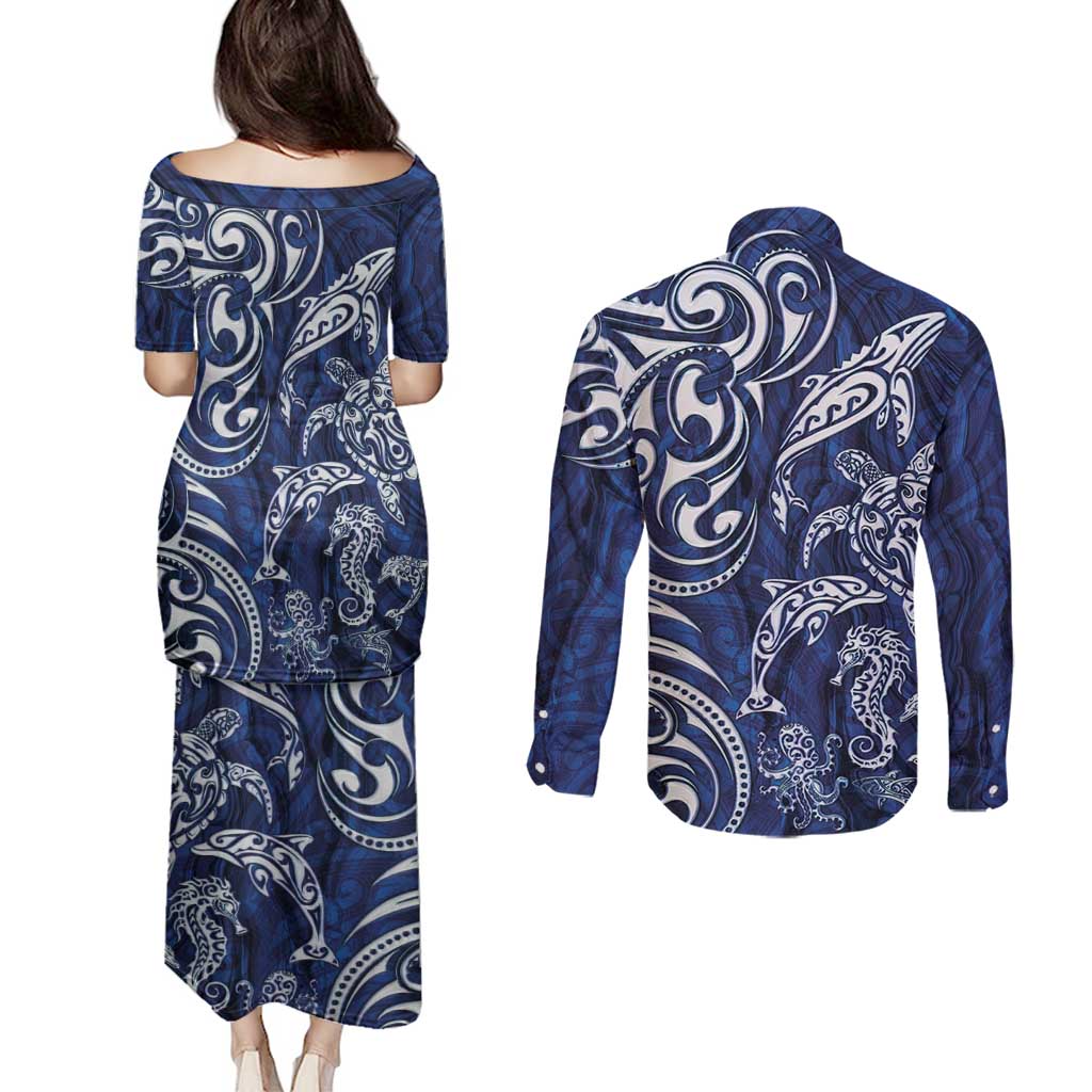 New Zealand Connecting with Seas Couples Matching Puletasi and Long Sleeve Button Shirt Maori Tribal and Sea Animals Tattoo - White Glass Style LT03 - Polynesian Pride