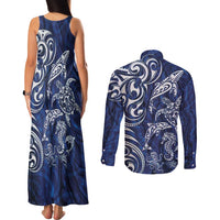 New Zealand Connecting with Seas Couples Matching Tank Maxi Dress and Long Sleeve Button Shirt Maori Tribal and Sea Animals Tattoo - White Glass Style LT03 - Polynesian Pride