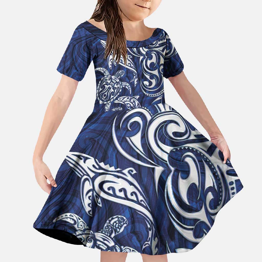 New Zealand Connecting with Seas Family Matching Long Sleeve Bodycon Dress and Hawaiian Shirt Maori Tribal and Sea Animals Tattoo - White Glass Style LT03 Daughter's Dress Navy - Polynesian Pride
