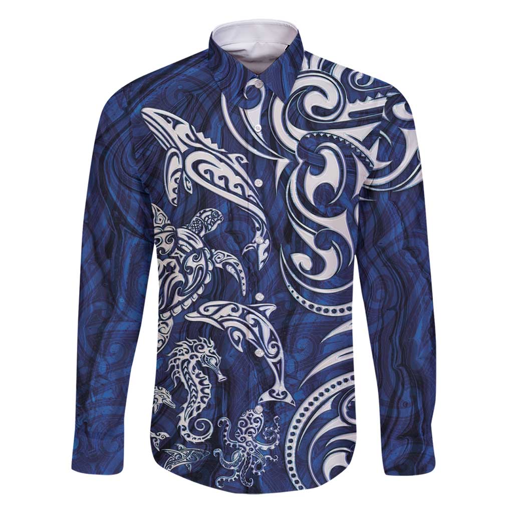 New Zealand Connecting with Seas Family Matching Long Sleeve Bodycon Dress and Hawaiian Shirt Maori Tribal and Sea Animals Tattoo - White Glass Style LT03 Dad's Shirt - Long Sleeve Navy - Polynesian Pride