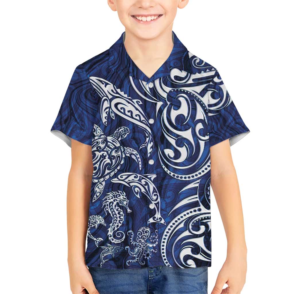 New Zealand Connecting with Seas Family Matching Long Sleeve Bodycon Dress and Hawaiian Shirt Maori Tribal and Sea Animals Tattoo - White Glass Style LT03 Son's Shirt Navy - Polynesian Pride