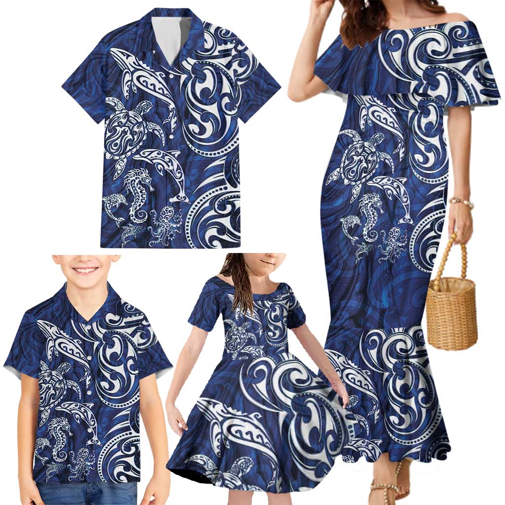 New Zealand Connecting with Seas Family Matching Mermaid Dress and Hawaiian Shirt Maori Tribal and Sea Animals Tattoo - White Glass Style LT03 - Polynesian Pride