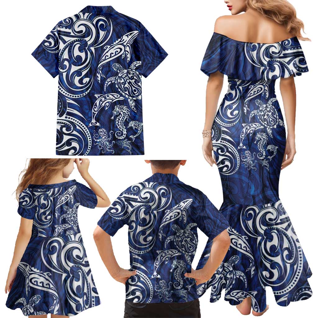 New Zealand Connecting with Seas Family Matching Mermaid Dress and Hawaiian Shirt Maori Tribal and Sea Animals Tattoo - White Glass Style LT03 - Polynesian Pride