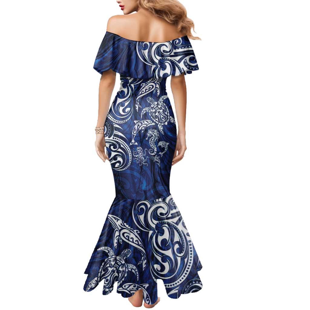 New Zealand Connecting with Seas Family Matching Mermaid Dress and Hawaiian Shirt Maori Tribal and Sea Animals Tattoo - White Glass Style LT03 - Polynesian Pride