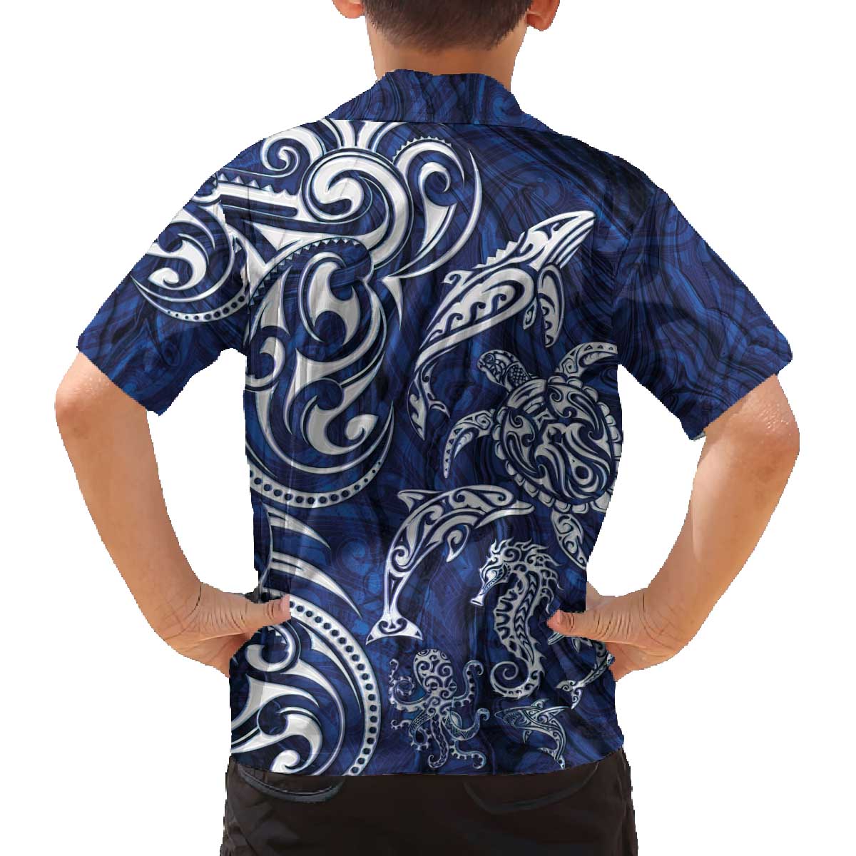 New Zealand Connecting with Seas Family Matching Off The Shoulder Long Sleeve Dress and Hawaiian Shirt Maori Tribal and Sea Animals Tattoo - White Glass Style