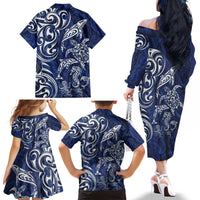 New Zealand Connecting with Seas Family Matching Off The Shoulder Long Sleeve Dress and Hawaiian Shirt Maori Tribal and Sea Animals Tattoo - White Glass Style