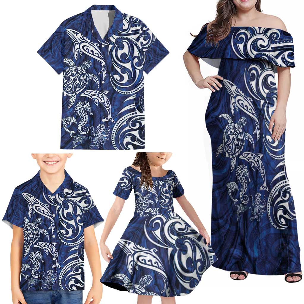 New Zealand Connecting with Seas Family Matching Off Shoulder Maxi Dress and Hawaiian Shirt Maori Tribal and Sea Animals Tattoo - White Glass Style LT03 - Polynesian Pride