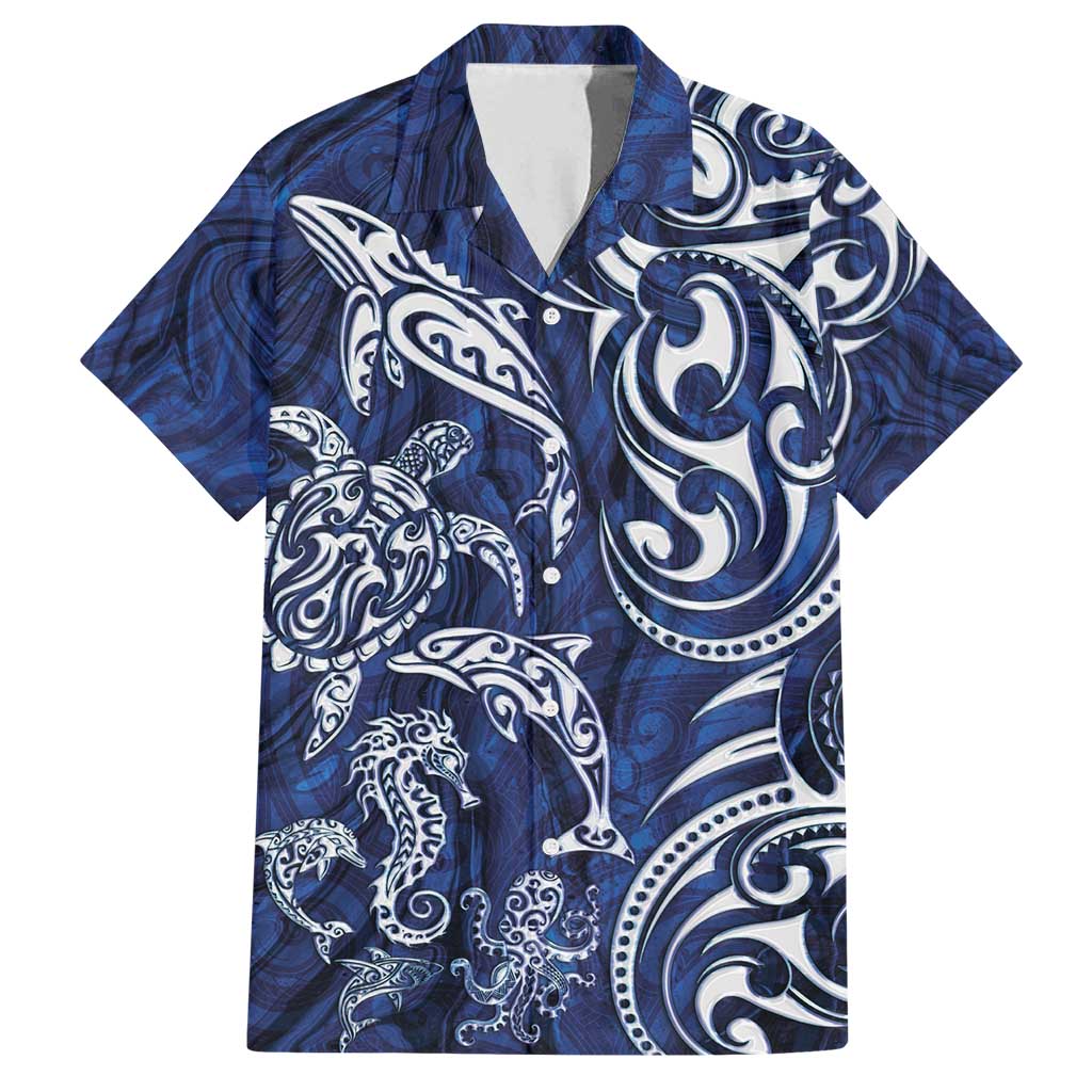 New Zealand Connecting with Seas Family Matching Off Shoulder Maxi Dress and Hawaiian Shirt Maori Tribal and Sea Animals Tattoo - White Glass Style LT03 Dad's Shirt - Short Sleeve Navy - Polynesian Pride