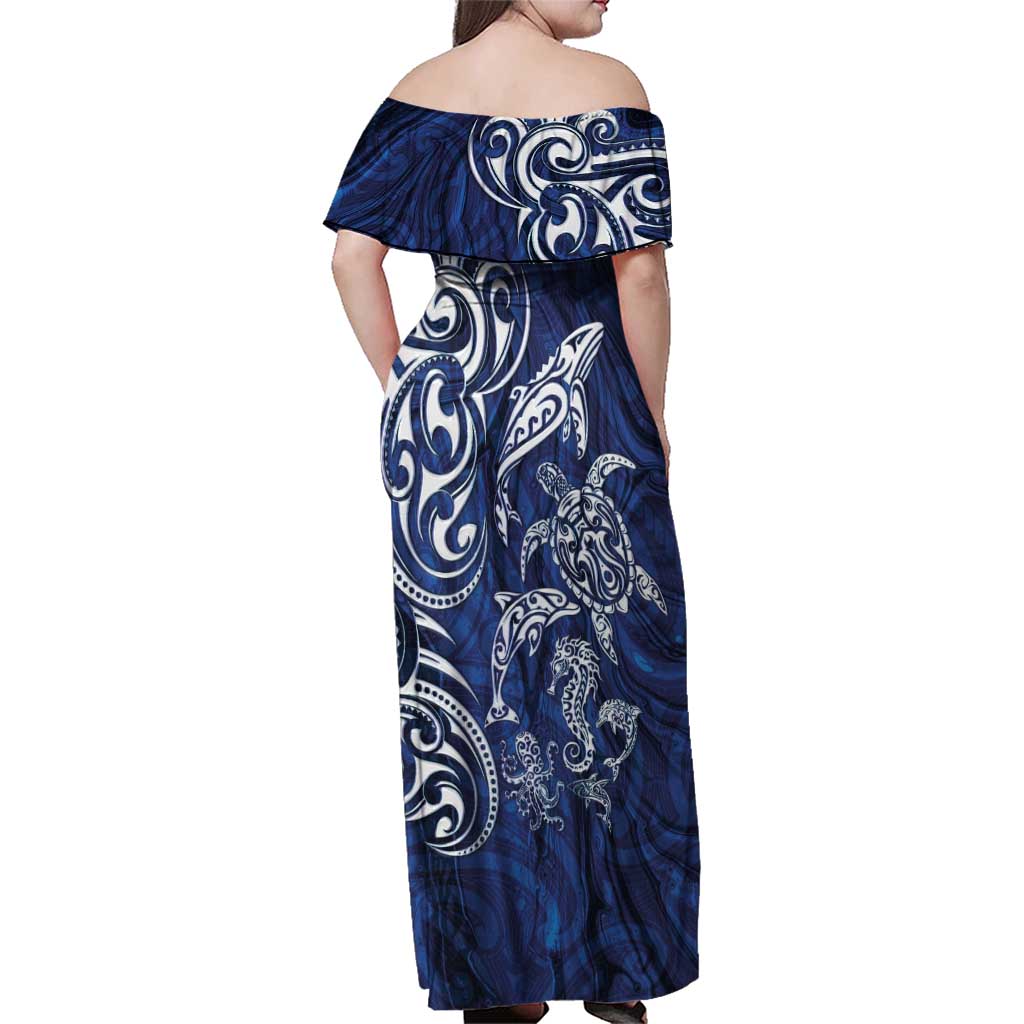 New Zealand Connecting with Seas Family Matching Off Shoulder Maxi Dress and Hawaiian Shirt Maori Tribal and Sea Animals Tattoo - White Glass Style LT03 - Polynesian Pride
