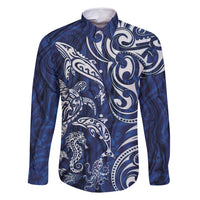 New Zealand Connecting with Seas Family Matching Off Shoulder Short Dress and Hawaiian Shirt Maori Tribal and Sea Animals Tattoo - White Glass Style LT03 Dad's Shirt - Long Sleeve Navy - Polynesian Pride