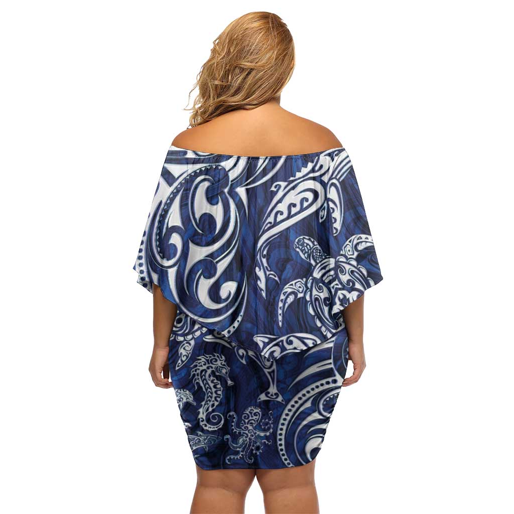 New Zealand Connecting with Seas Family Matching Off Shoulder Short Dress and Hawaiian Shirt Maori Tribal and Sea Animals Tattoo - White Glass Style LT03 - Polynesian Pride