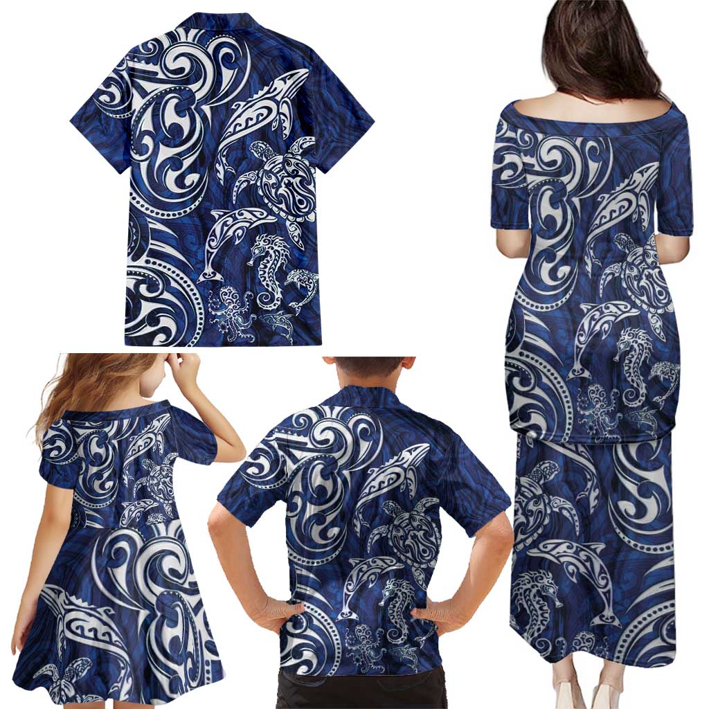 New Zealand Connecting with Seas Family Matching Puletasi and Hawaiian Shirt Maori Tribal and Sea Animals Tattoo - White Glass Style LT03 - Polynesian Pride