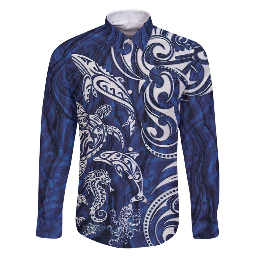 New Zealand Connecting with Seas Family Matching Puletasi and Hawaiian Shirt Maori Tribal and Sea Animals Tattoo - White Glass Style LT03 Dad's Shirt - Long Sleeve Navy - Polynesian Pride