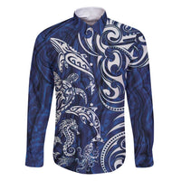 New Zealand Connecting with Seas Family Matching Puletasi and Hawaiian Shirt Maori Tribal and Sea Animals Tattoo - White Glass Style LT03 Dad's Shirt - Long Sleeve Navy - Polynesian Pride