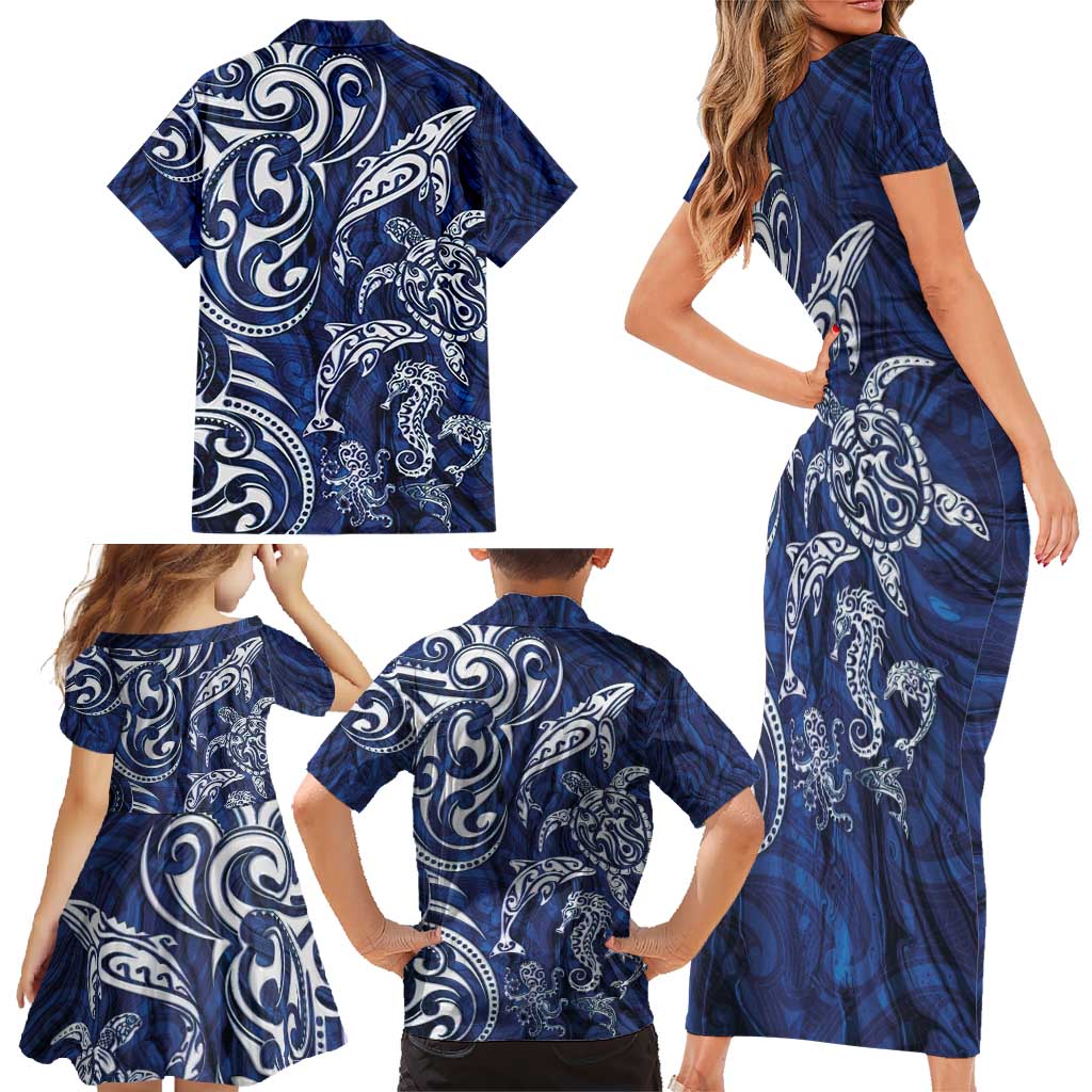 New Zealand Connecting with Seas Family Matching Short Sleeve Bodycon Dress and Hawaiian Shirt Maori Tribal and Sea Animals Tattoo - White Glass Style LT03 - Polynesian Pride