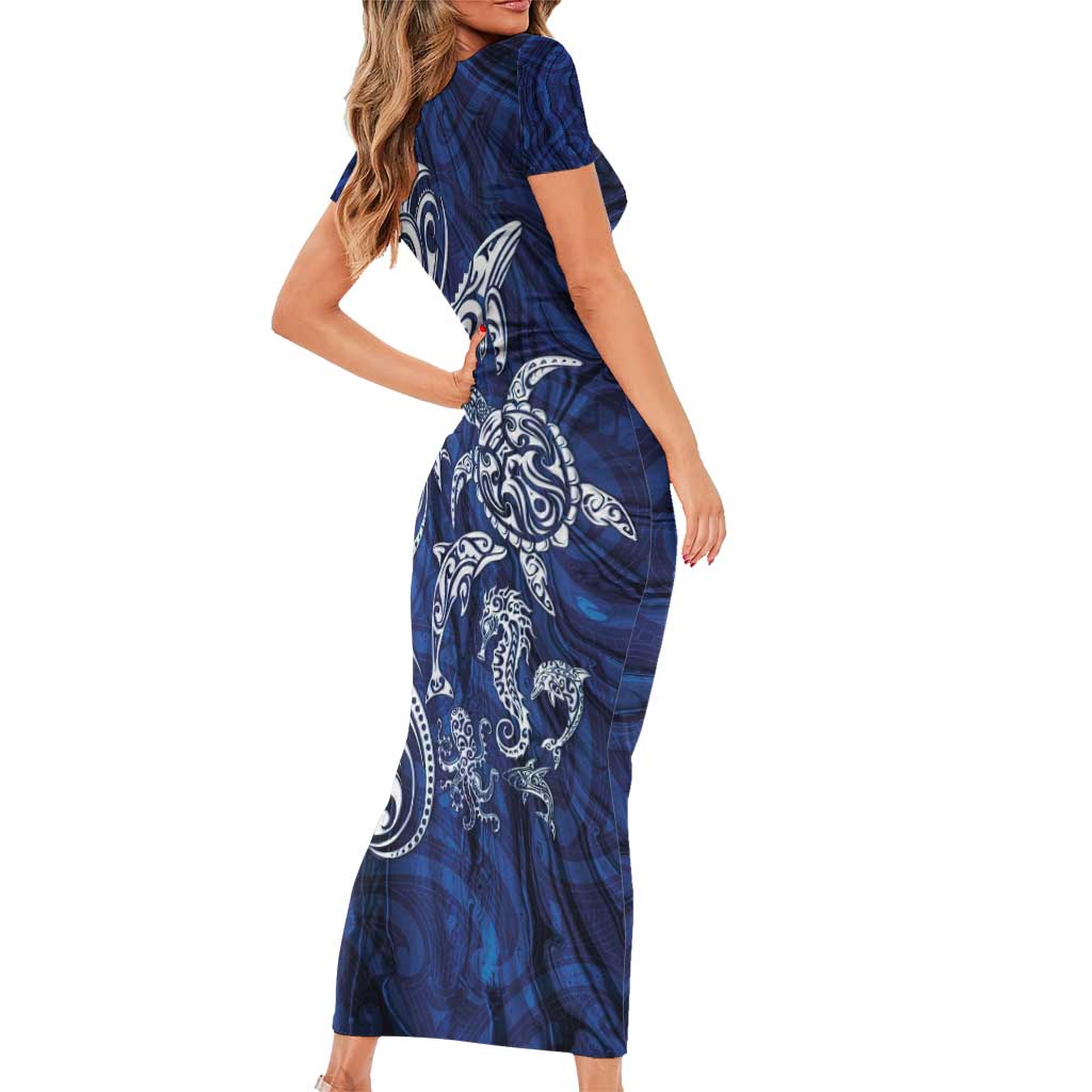New Zealand Connecting with Seas Family Matching Short Sleeve Bodycon Dress and Hawaiian Shirt Maori Tribal and Sea Animals Tattoo - White Glass Style LT03 - Polynesian Pride