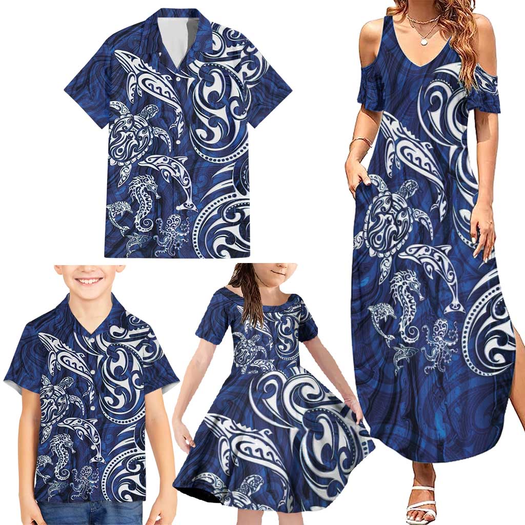 New Zealand Connecting with Seas Family Matching Summer Maxi Dress and Hawaiian Shirt Maori Tribal and Sea Animals Tattoo - White Glass Style LT03 - Polynesian Pride