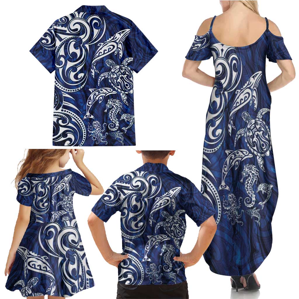 New Zealand Connecting with Seas Family Matching Summer Maxi Dress and Hawaiian Shirt Maori Tribal and Sea Animals Tattoo - White Glass Style LT03 - Polynesian Pride