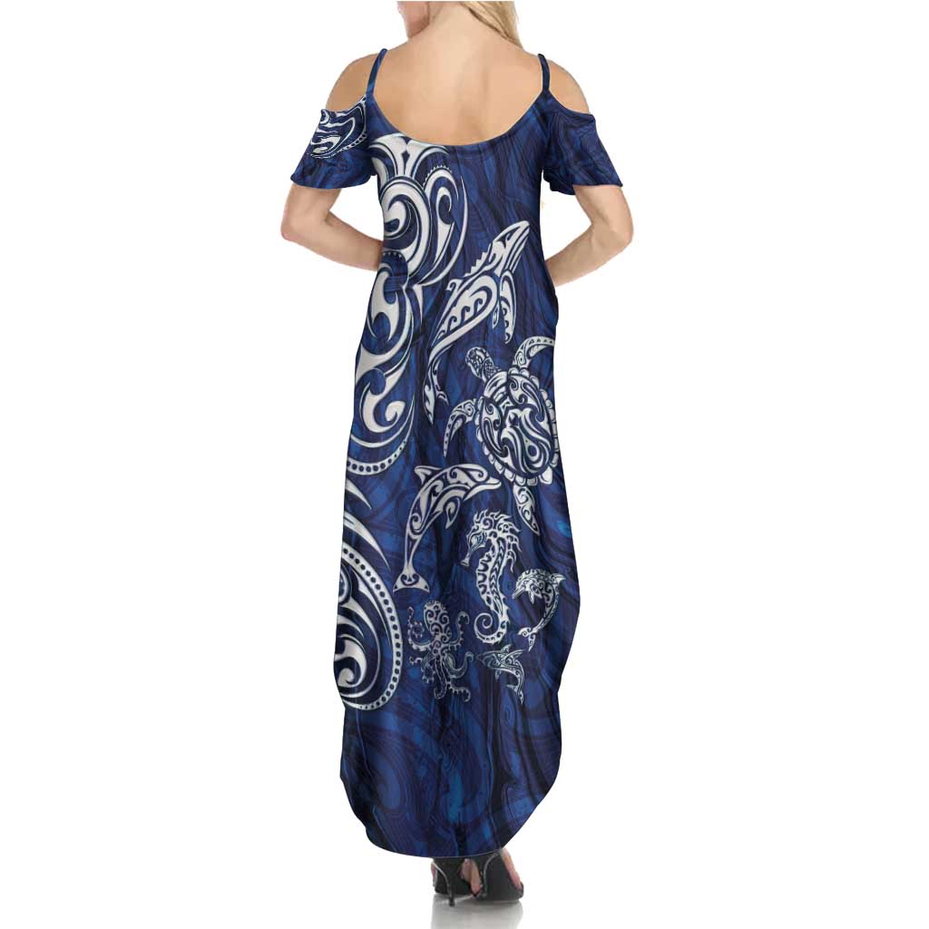 New Zealand Connecting with Seas Family Matching Summer Maxi Dress and Hawaiian Shirt Maori Tribal and Sea Animals Tattoo - White Glass Style LT03 - Polynesian Pride