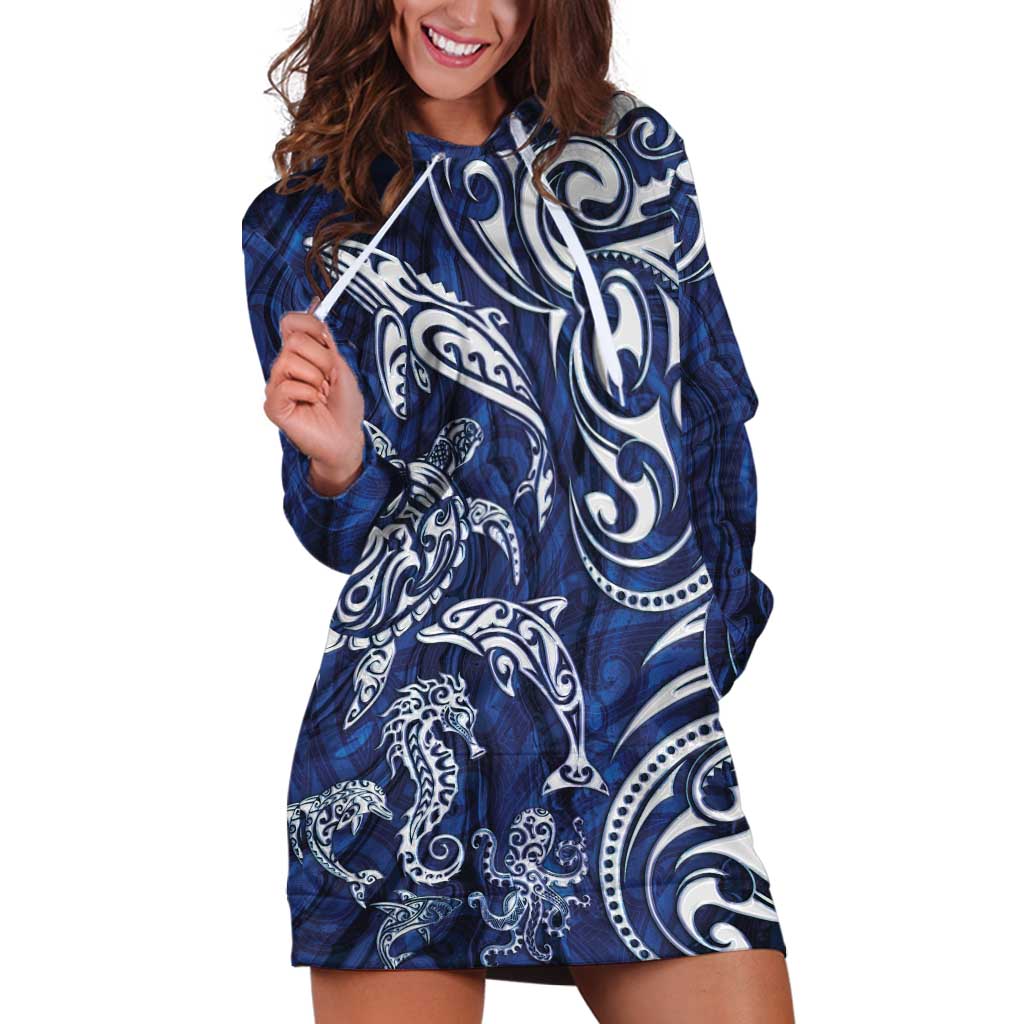 New Zealand Connecting with Seas Hoodie Dress Maori Tribal and Sea Animals Tattoo - White Glass Style