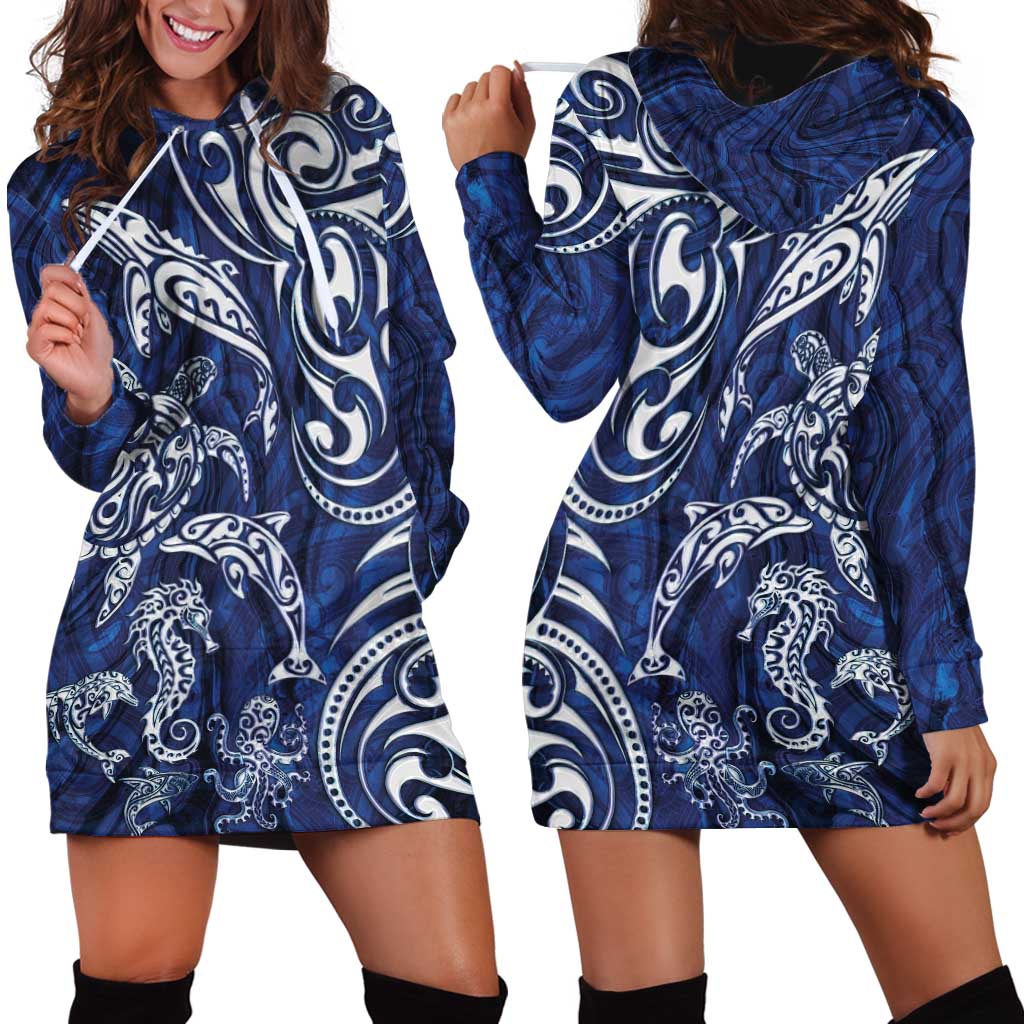 New Zealand Connecting with Seas Hoodie Dress Maori Tribal and Sea Animals Tattoo - White Glass Style