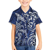 New Zealand Connecting with Seas Kid Hawaiian Shirt Maori Tribal and Sea Animals Tattoo - White Glass Style LT03 Kid Navy - Polynesian Pride