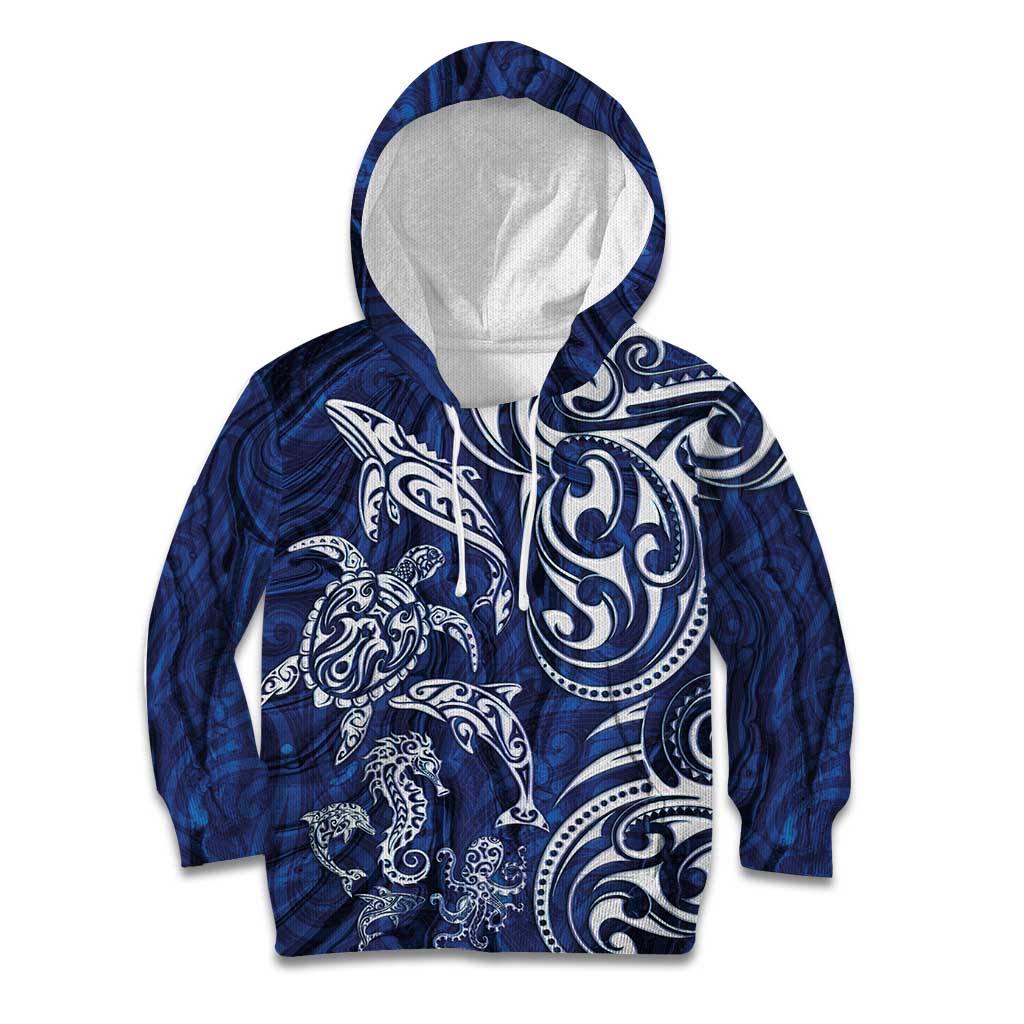 New Zealand Connecting with Seas Kid Hoodie Maori Tribal and Sea Animals Tattoo - White Glass Style