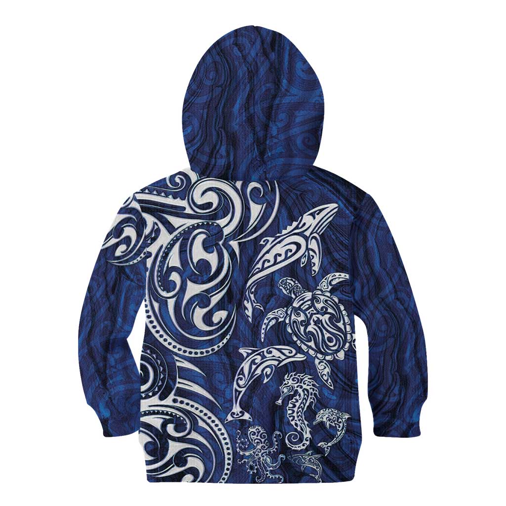 New Zealand Connecting with Seas Kid Hoodie Maori Tribal and Sea Animals Tattoo - White Glass Style
