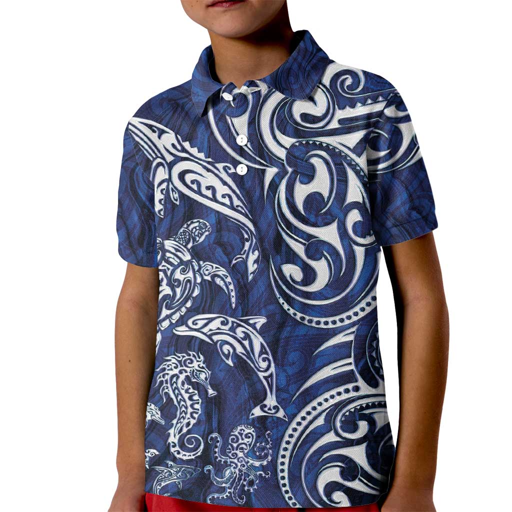 New Zealand Connecting with Seas Kid Polo Shirt Maori Tribal and Sea Animals Tattoo - White Glass Style LT03 Kid Navy - Polynesian Pride