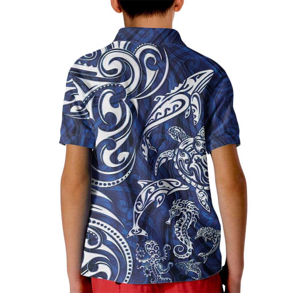 New Zealand Connecting with Seas Kid Polo Shirt Maori Tribal and Sea Animals Tattoo - White Glass Style LT03 - Polynesian Pride