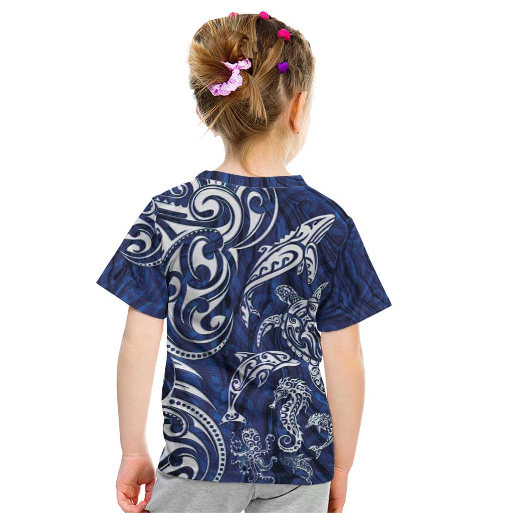 New Zealand Connecting with Seas Kid T Shirt Maori Tribal and Sea Animals Tattoo - White Glass Style LT03 - Polynesian Pride