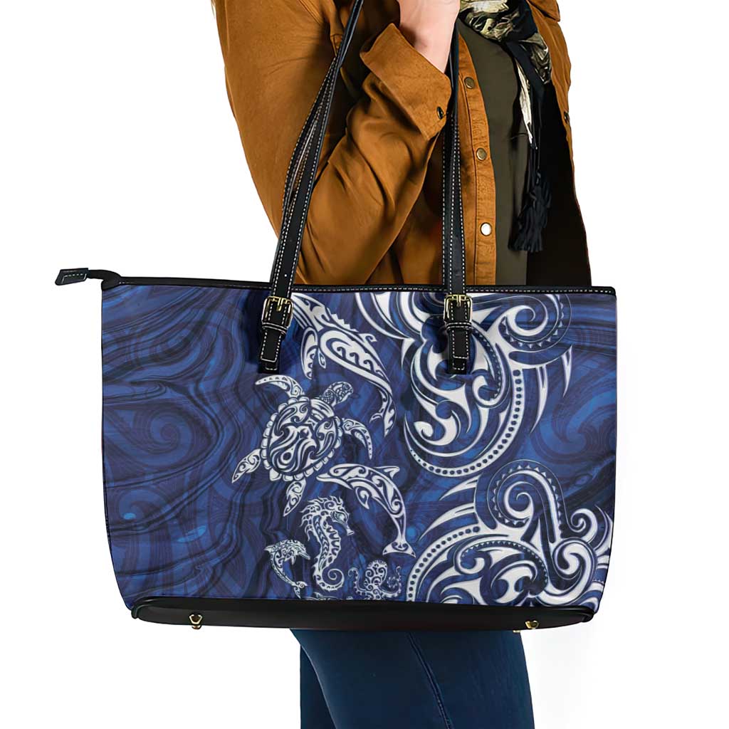 New Zealand Connecting with Seas Leather Tote Bag Maori Tribal and Sea Animals Tattoo - White Glass Style LT03 - Polynesian Pride