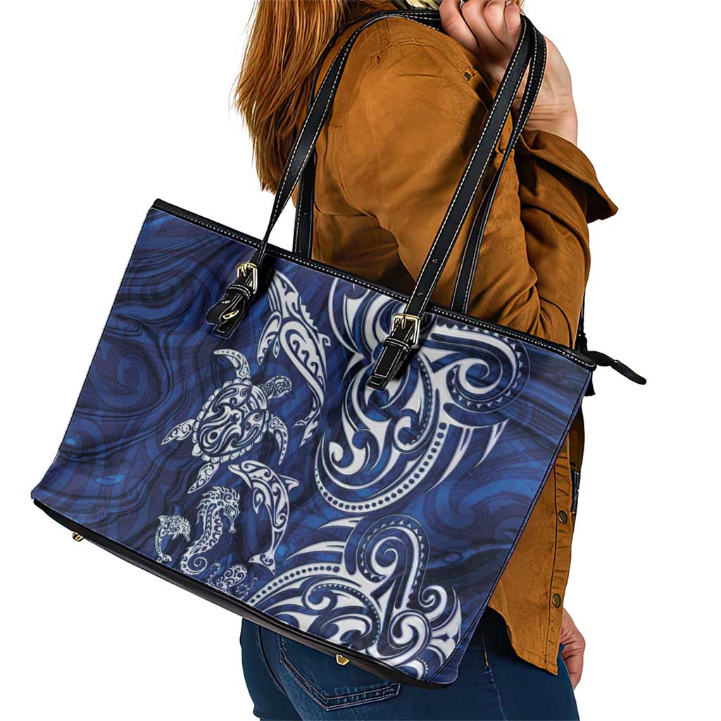 New Zealand Connecting with Seas Leather Tote Bag Maori Tribal and Sea Animals Tattoo - White Glass Style LT03 - Polynesian Pride