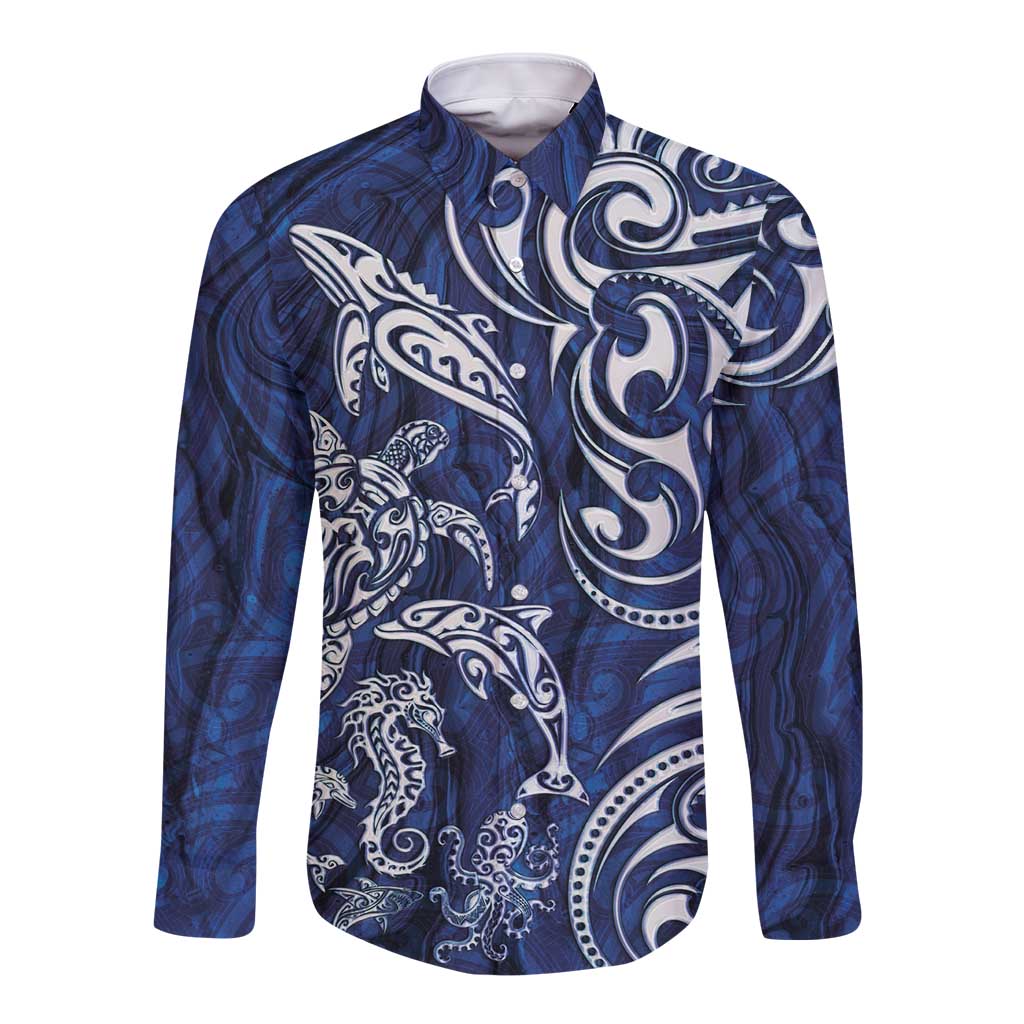 New Zealand Connecting with Seas Long Sleeve Button Shirt Maori Tribal and Sea Animals Tattoo - White Glass Style